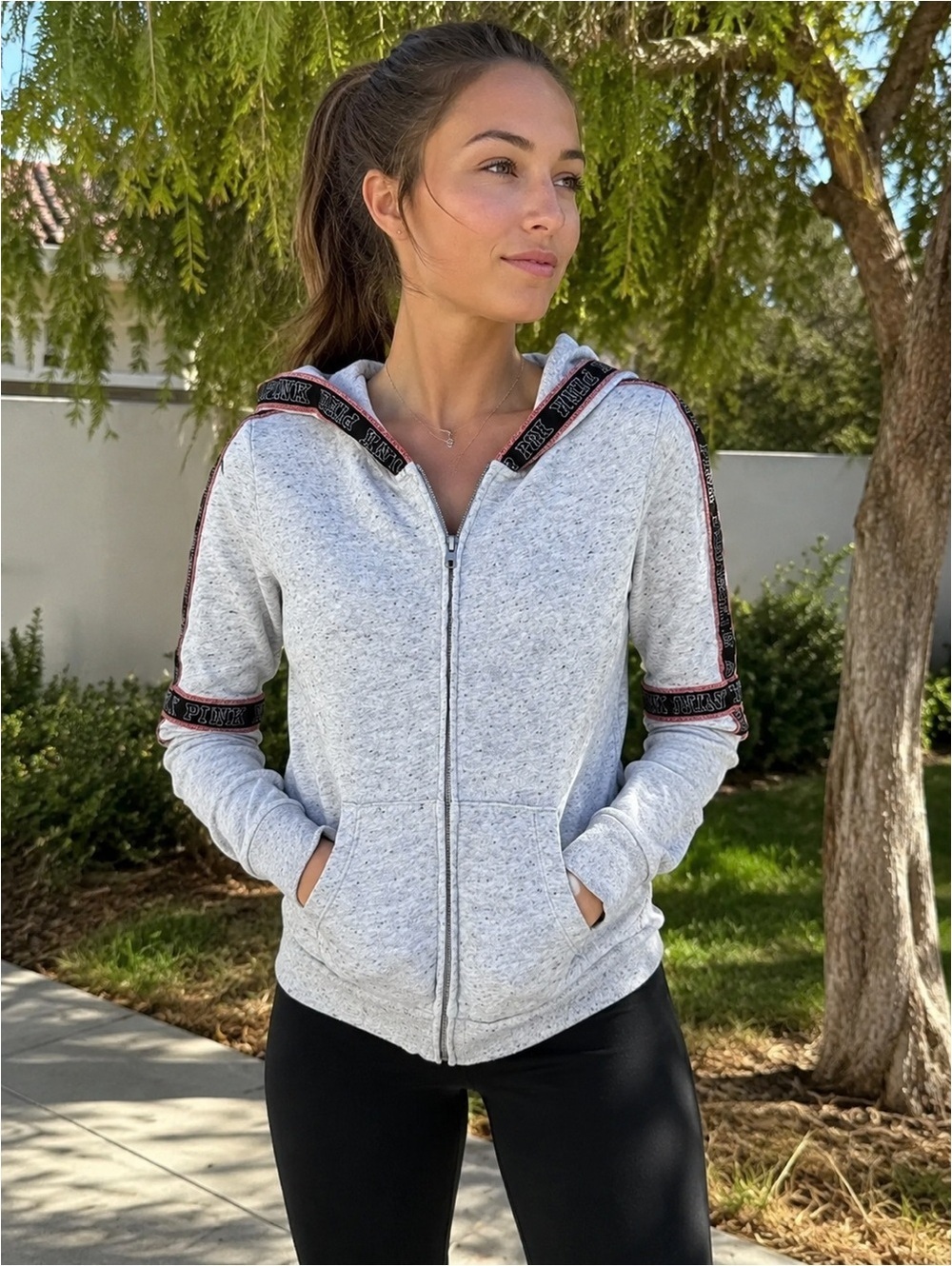 PINK Victoria's Secret Gray Hoodie with Pink Sequin Trim Size XS